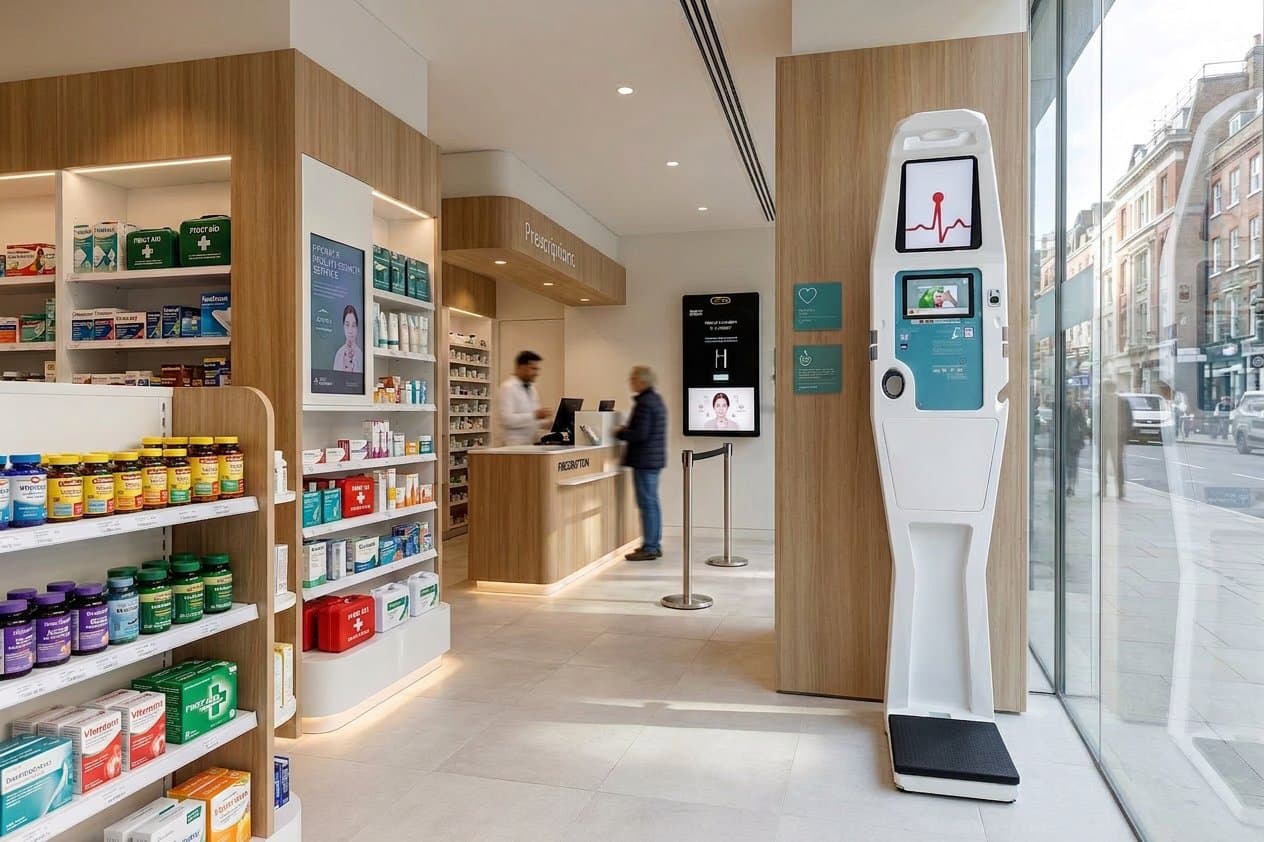 Zelfmeetstation in een moderne apotheekomgeving